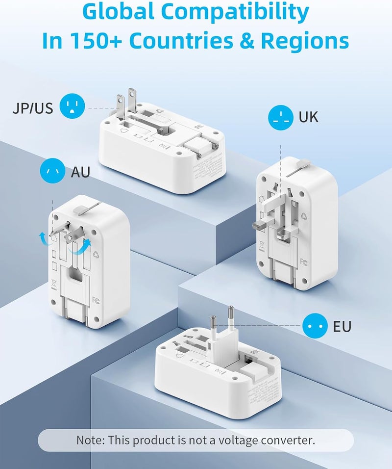 PAEWOK Universal Travel Adapter USB C, European Travel Power Adapter with 1 AC Outle and USB Fast Charging (PD 20W), Foldable Type C/G/A/I Plug, White - Image 2
